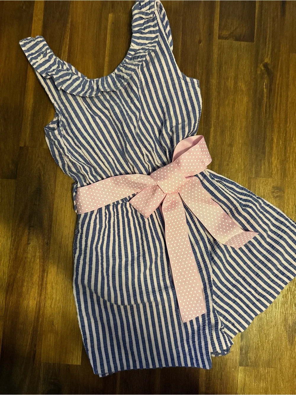 Bonnie Jean Blue Stripe Sleeveless Skort Romper with Pink Bow Belt - Size 6